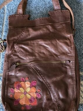 Lucky Brand Brown Leather Crossbody with Colorful Floral Appliqué